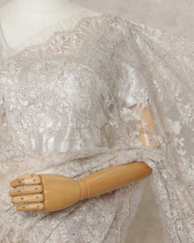 Silver Champagne Premium French Metallic Chantilly Lace Saree with Stone Work, Width 110 Cms, 5.5 Mtrs, France-D25598 Regal Fabrics