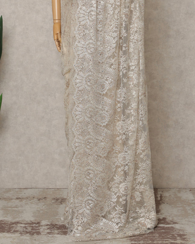 Silver Champagne Premium French Metallic Chantilly Lace Saree with Stone Work, Width 110 Cms, 5.5 Mtrs, France-D25598 Regal Fabrics