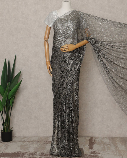 Gunmetal Grey Premium French Metallic Chantilly Lace Saree with Stone Work, Width 110 Cms, 5.5 Mtrs, France-D25575