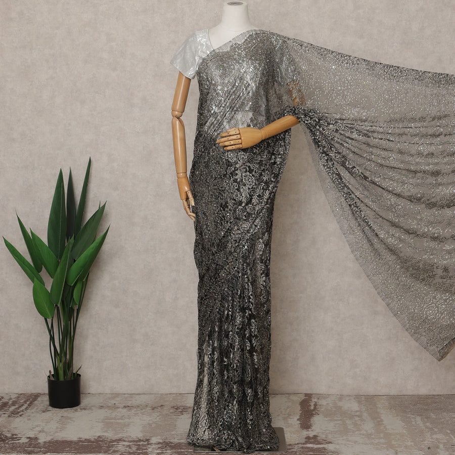 Gunmetal Grey Premium French Metallic Chantilly Lace Saree with Stone Work, Width 110 Cms, 5.5 Mtrs, France-D25575