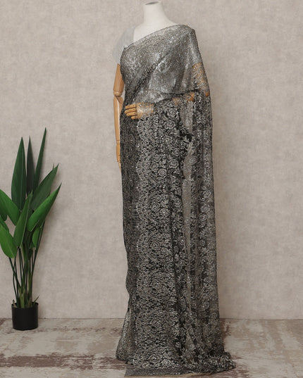 Gunmetal Grey Premium French Metallic Chantilly Lace Saree with Stone Work, Width 110 Cms, 5.5 Mtrs, France-D25575