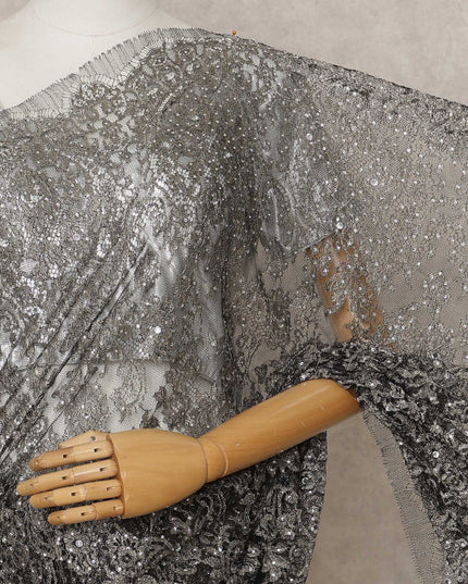 Gunmetal Grey Premium French Metallic Chantilly Lace Saree with Stone Work, Width 110 Cms, 5.5 Mtrs, France-D25575