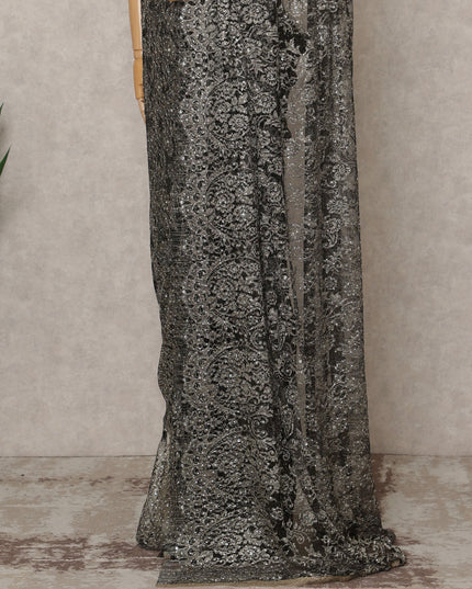 Gunmetal Grey Premium French Metallic Chantilly Lace Saree with Stone Work, Width 110 Cms, 5.5 Mtrs, France-D25575