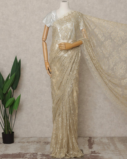Champagne Gold Premium French Metallic Chantilly Lace Saree with Stone Work, Width 110 Cms, 5.5 Mtrs, France-D25596