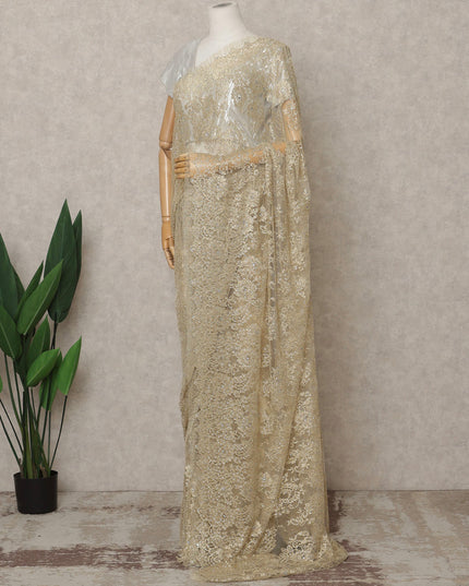 Champagne Gold Premium French Metallic Chantilly Lace Saree with Stone Work, Width 110 Cms, 5.5 Mtrs, France-D25596