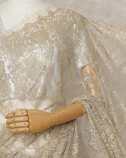 Champagne Gold Premium French Metallic Chantilly Lace Saree with Stone Work, Width 110 Cms, 5.5 Mtrs, France-D25596