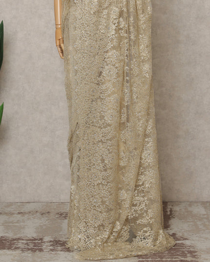Champagne Gold Premium French Metallic Chantilly Lace Saree with Stone Work, Width 110 Cms, 5.5 Mtrs, France-D25596