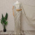 Beige Gold Premium French Metallic Chantilly Lace Saree with Stone Work, Width 110 Cms, 5.5 Mtrs, France-D25594