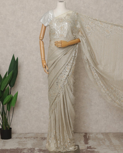 Beige Gold Premium French Metallic Chantilly Lace Saree with Stone Work, Width 110 Cms, 5.5 Mtrs, France-D25594