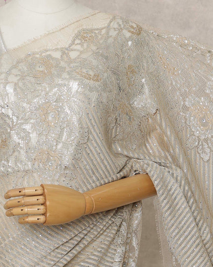 Beige Gold Premium French Metallic Chantilly Lace Saree with Stone Work, Width 110 Cms, 5.5 Mtrs, France-D25594