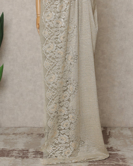 Beige Gold Premium French Metallic Chantilly Lace Saree with Stone Work, Width 110 Cms, 5.5 Mtrs, France-D25594