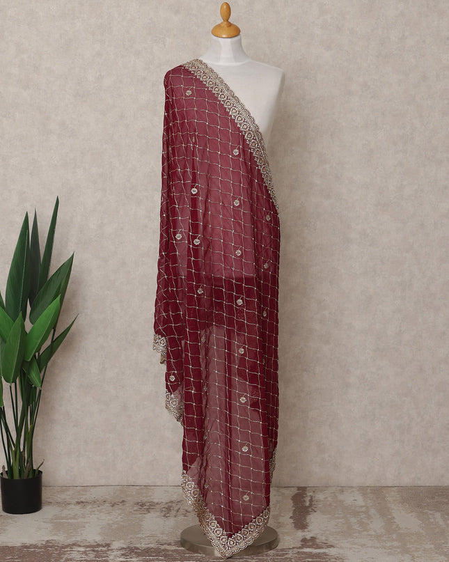 Maroon Checked Embroidered Border Premium Chiffon Dupatta, 225X85 Cms, Made in India-D25768 Regal Fabrics