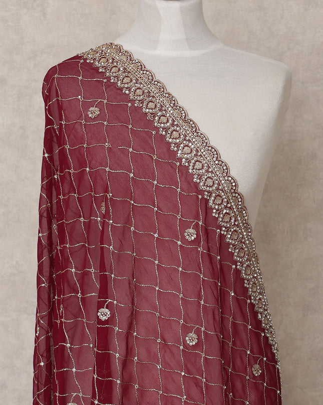 Maroon Checked Embroidered Border Premium Chiffon Dupatta, 225X85 Cms, Made in India-D25768 Regal Fabrics