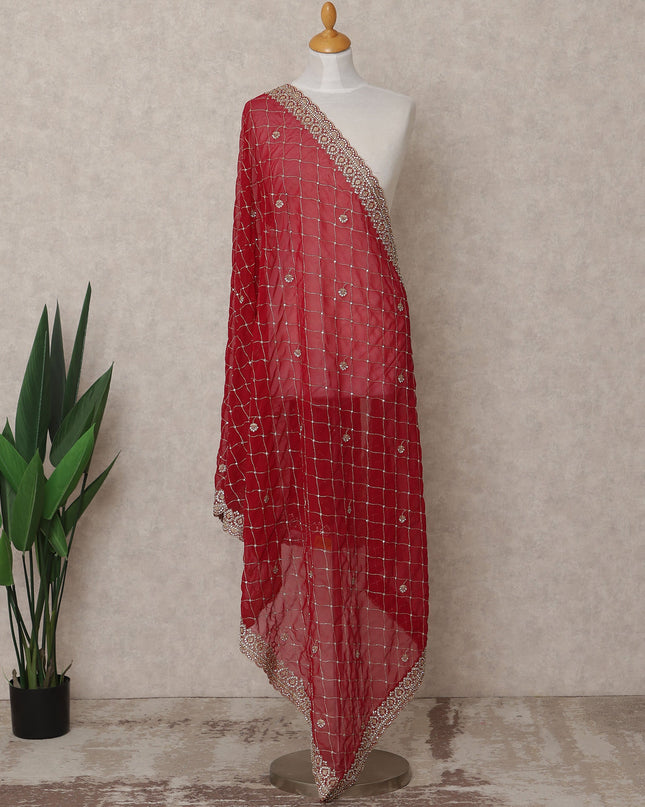 Red Checked Embroidered Border Premium Chiffon Dupatta, 225X85 Cms, Made in India-D25767 Regal Fabrics