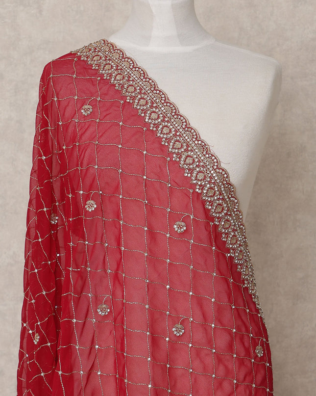 Red Checked Embroidered Border Premium Chiffon Dupatta, 225X85 Cms, Made in India-D25767 Regal Fabrics