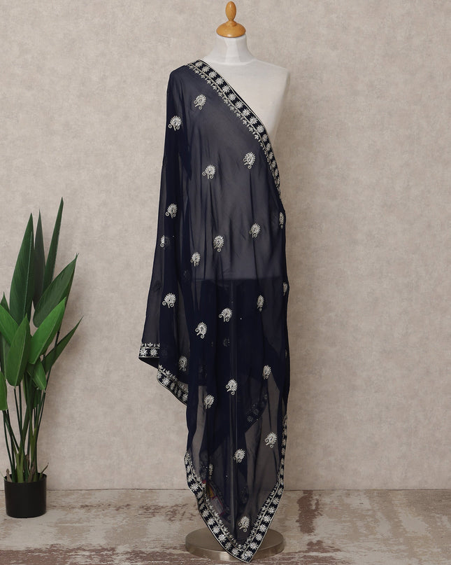 Navy Blue Floral Motif Embroidered Border Premium Chiffon Dupatta, 225X85 Cms, Made in India-D25770