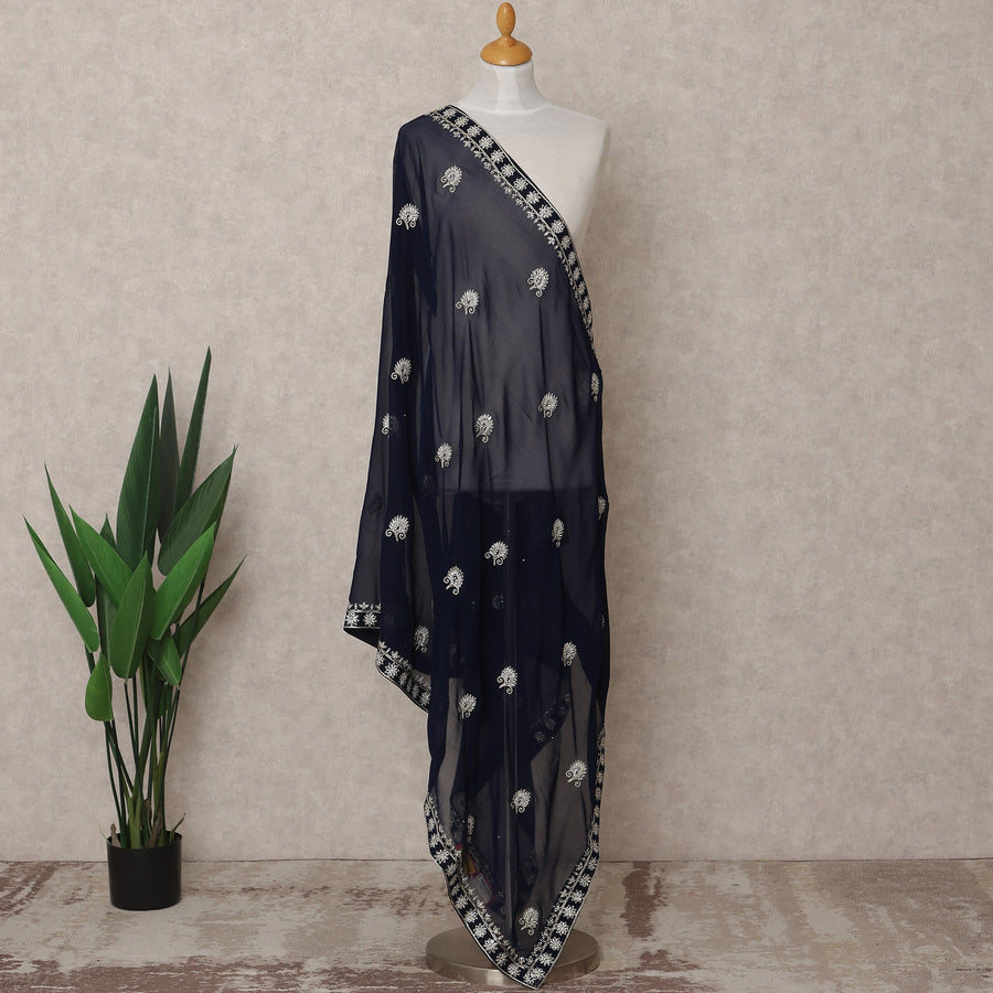 Navy Blue Floral Motif Embroidered Border Premium Chiffon Dupatta, 225X85 Cms, Made in India-D25770
