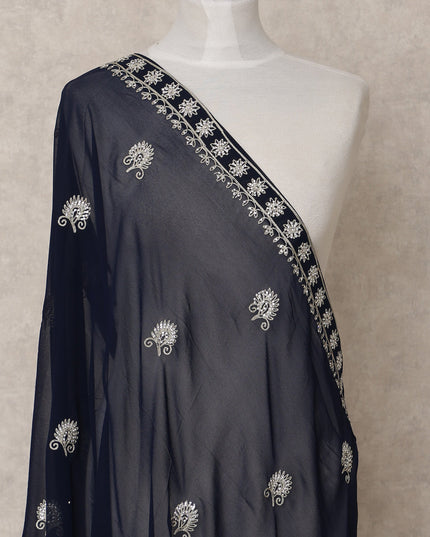 Navy Blue Floral Motif Embroidered Border Premium Chiffon Dupatta, 225X85 Cms, Made in India-D25770