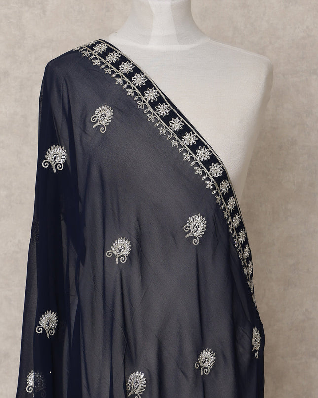 Navy Blue Floral Motif Embroidered Border Premium Chiffon Dupatta, 225X85 Cms, Made in India-D25770