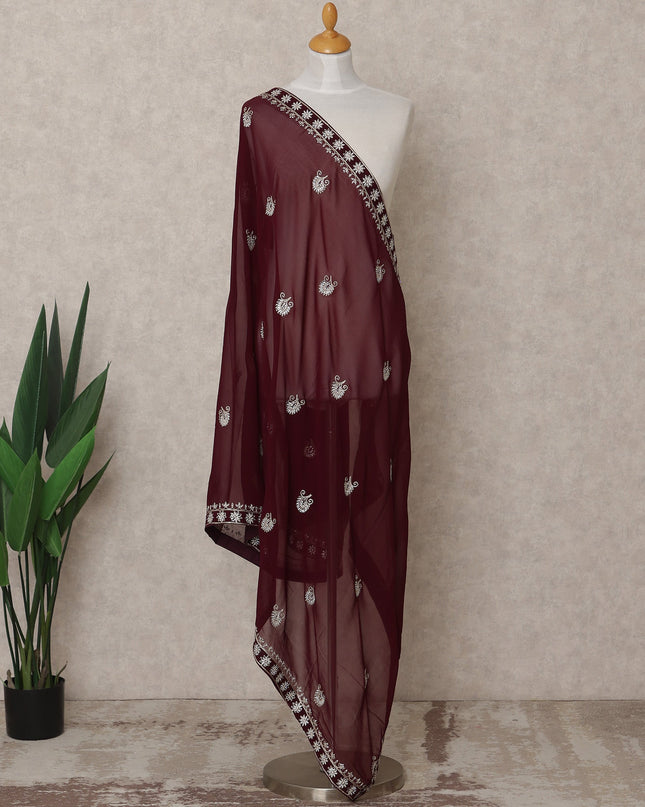 Maroon Floral Motif Embroidered Border Premium Chiffon Dupatta, 225X85 Cms, Made in India-D25769