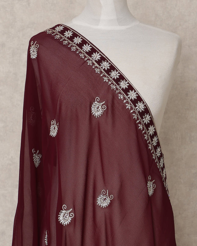 Maroon Floral Motif Embroidered Border Premium Chiffon Dupatta, 225X85 Cms, Made in India-D25769