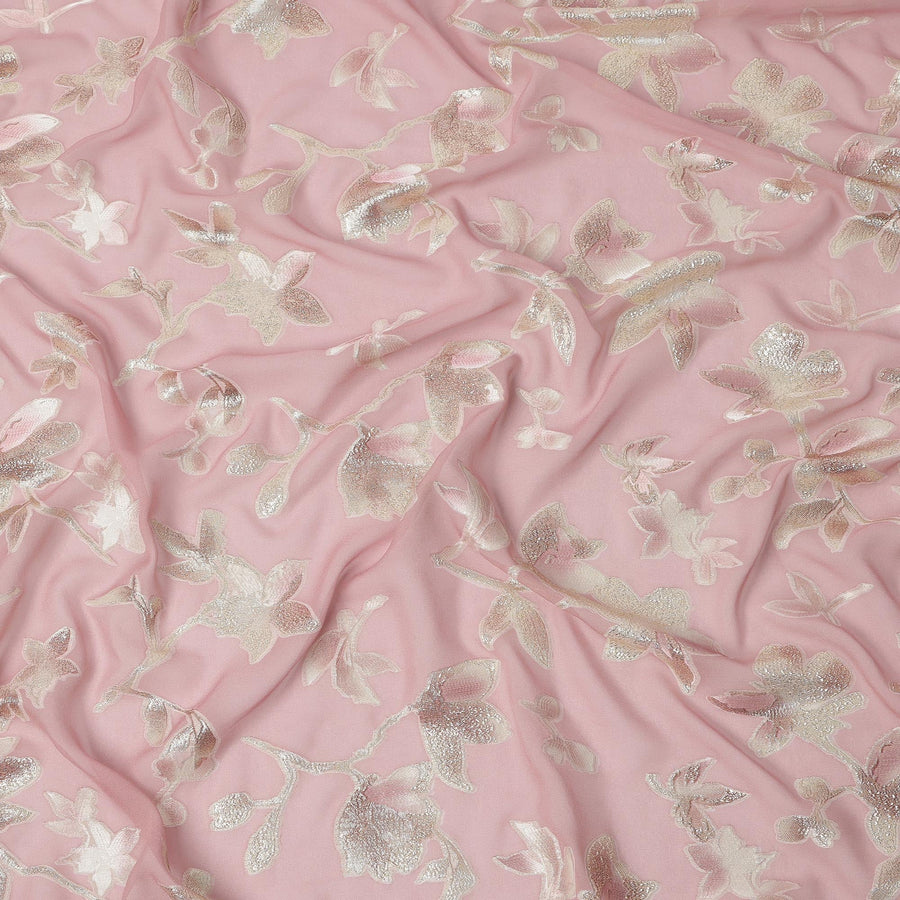 Blush Pink Floral Silk Chiffon Fabric with Metallic Lurex, 140 Cms, South Korea-D25481
