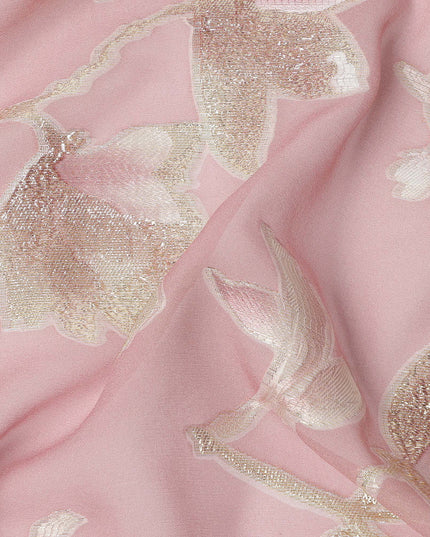 Blush Pink Floral Silk Chiffon Fabric with Metallic Lurex, 140 Cms, South Korea-D25481