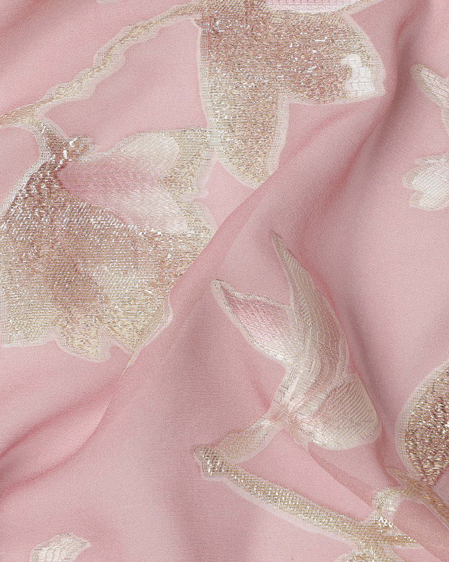 Blush Pink Floral Silk Chiffon Fabric with Metallic Lurex, 140 Cms, South Korea-D25481