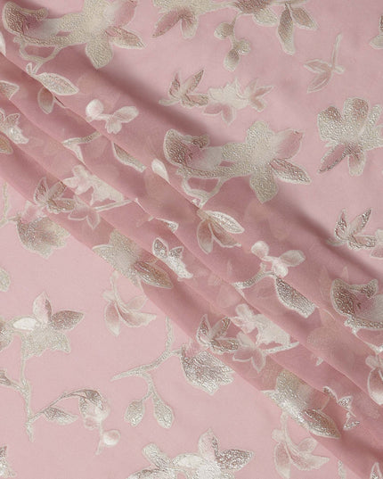 Blush Pink Floral Silk Chiffon Fabric with Metallic Lurex, 140 Cms, South Korea-D25481