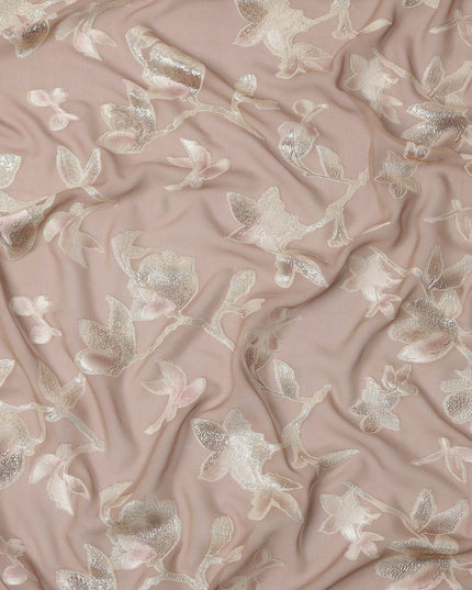 Dusty Rose Floral Silk Chiffon Fabric with Metallic Lurex, 140 Cms, South Korea-D25483