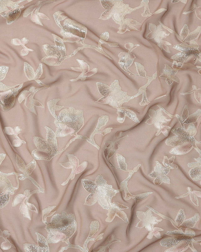 Dusty Rose Floral Silk Chiffon Fabric with Metallic Lurex, 140 Cms, South Korea-D25483