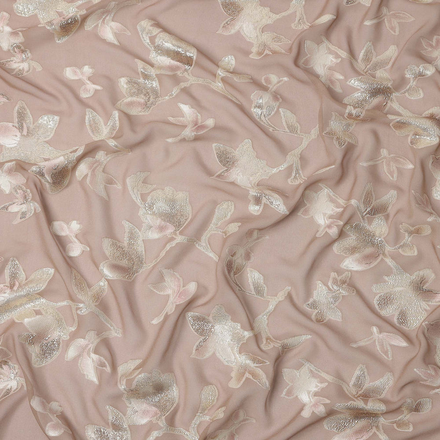 Dusty Rose Floral Silk Chiffon Fabric with Metallic Lurex, 140 Cms, South Korea-D25483