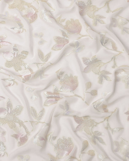 Ivory Floral Silk Chiffon Fabric with Metallic Lurex, 140 Cms, South Korea-D25484
