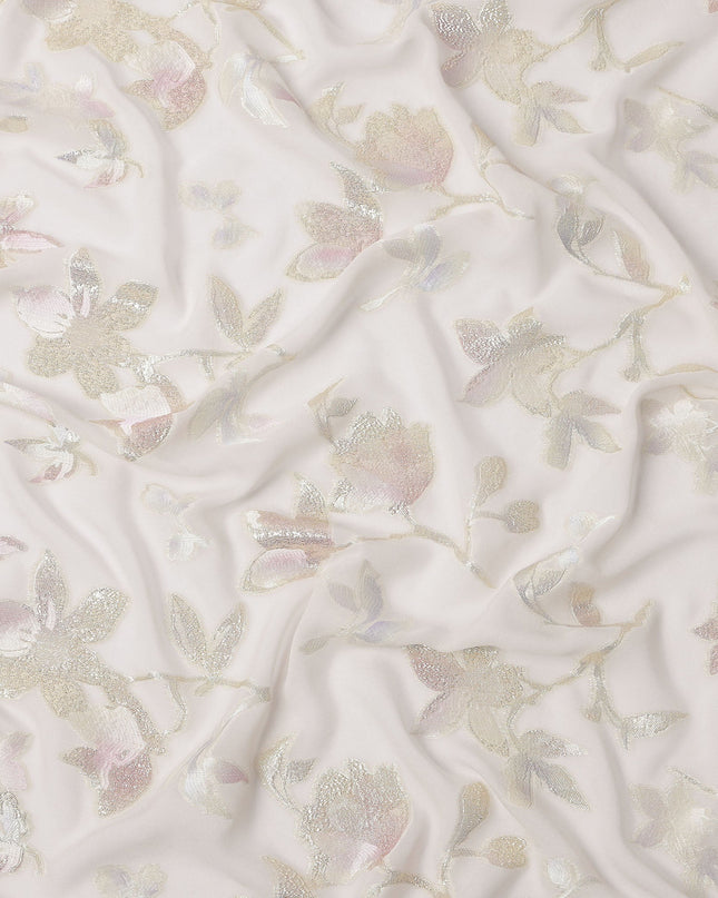 Ivory Floral Silk Chiffon Fabric with Metallic Lurex, 140 Cms, South Korea-D25484