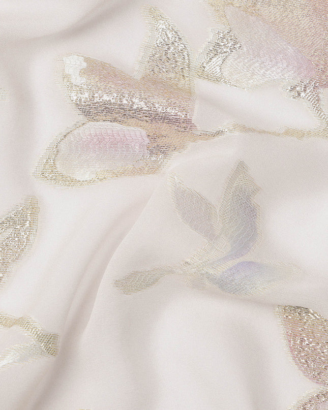 Ivory Floral Silk Chiffon Fabric with Metallic Lurex, 140 Cms, South Korea-D25484