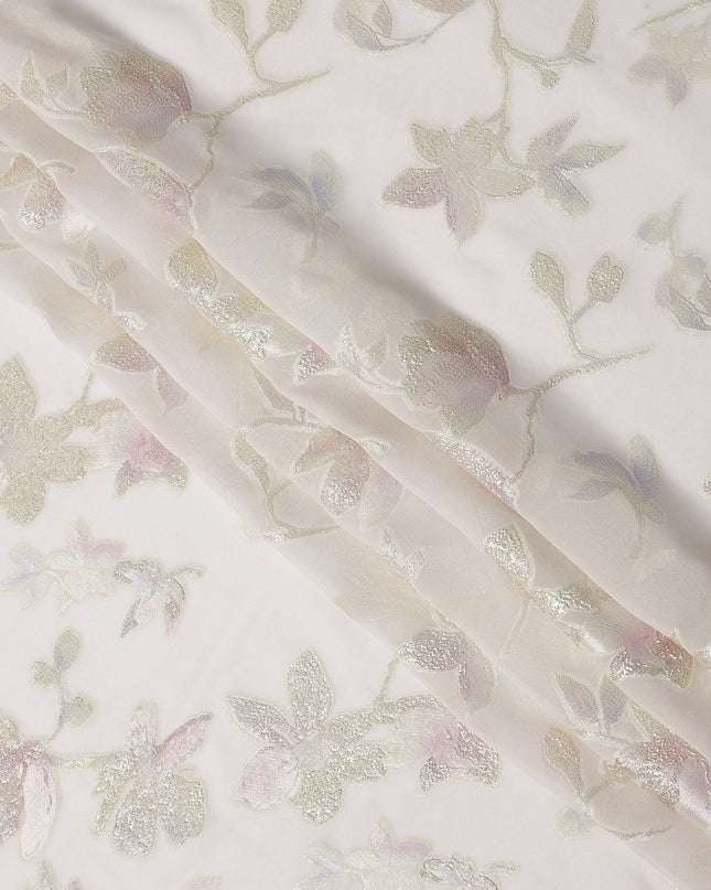 Ivory Floral Silk Chiffon Fabric with Metallic Lurex, 140 Cms, South Korea-D25484