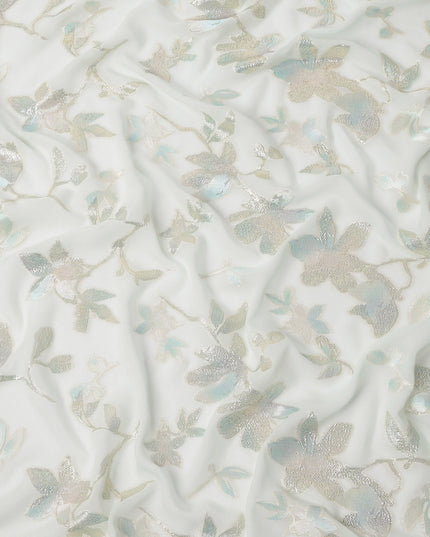 Mint Green Floral Pattern Silk Chiffon Fabric with Metallic Lurex, 140 Cms, South Korea-D25485
