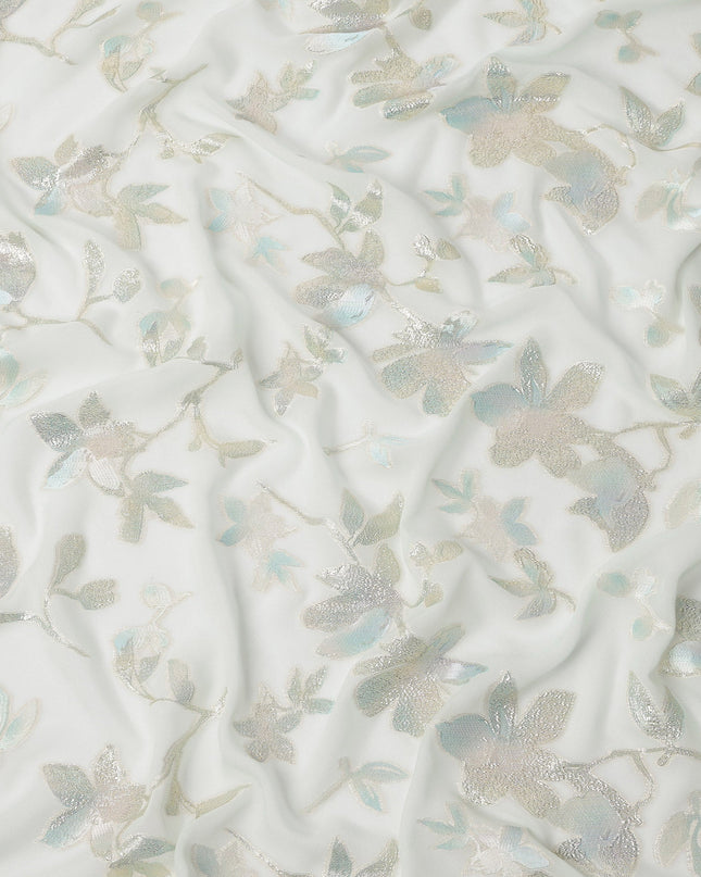 Mint Green Floral Pattern Silk Chiffon Fabric with Metallic Lurex, 140 Cms, South Korea-D25485