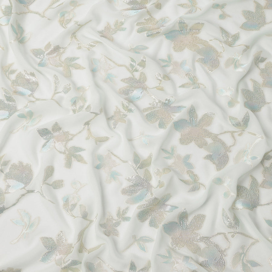 Mint Green Floral Pattern Silk Chiffon Fabric with Metallic Lurex, 140 Cms, South Korea-D25485
