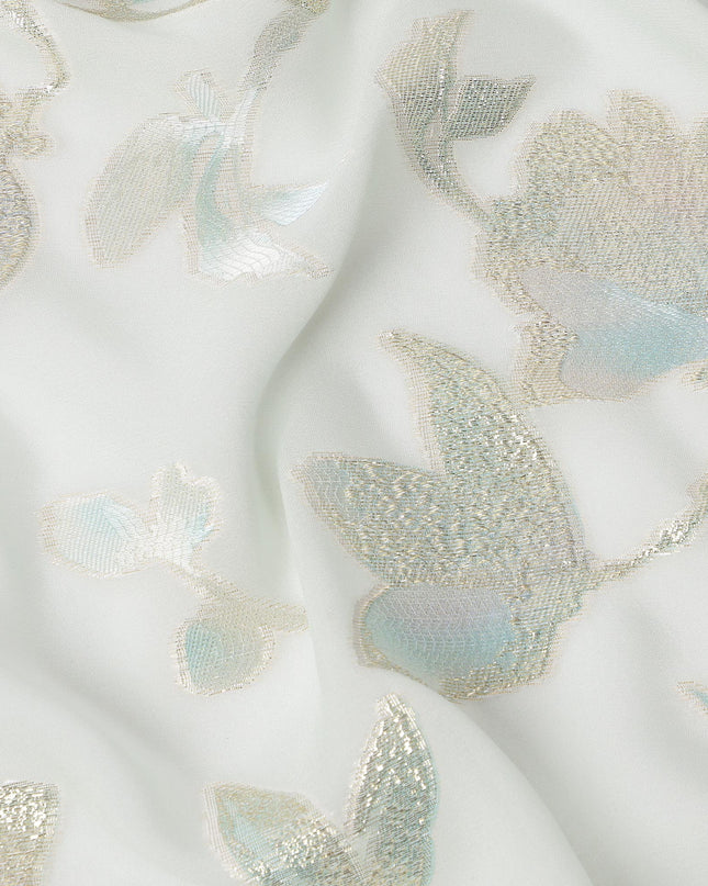 Mint Green Floral Pattern Silk Chiffon Fabric with Metallic Lurex, 140 Cms, South Korea-D25485