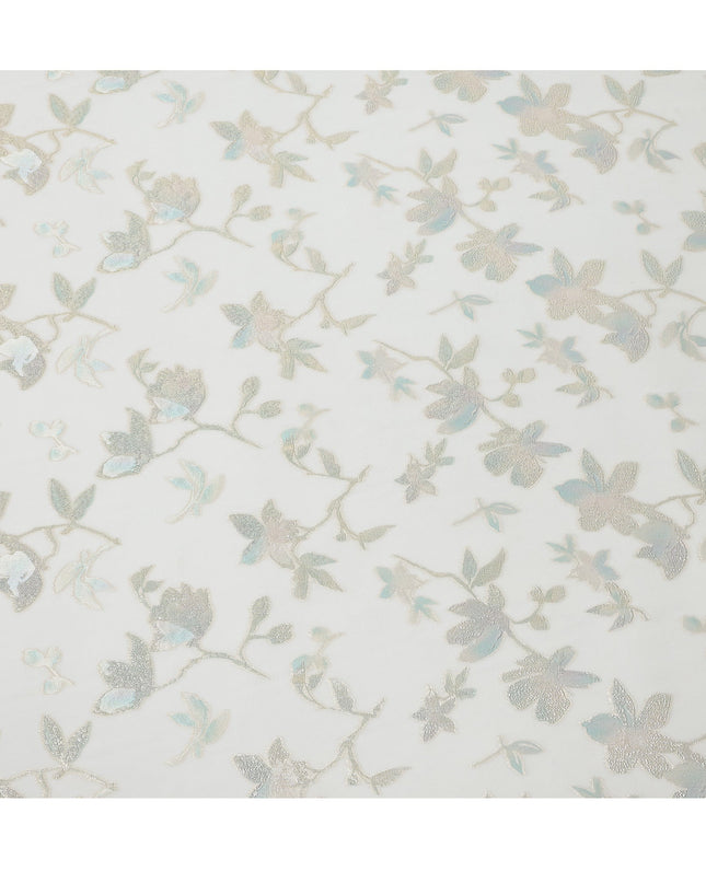 Mint Green Floral Pattern Silk Chiffon Fabric with Metallic Lurex, 140 Cms, South Korea-D25485