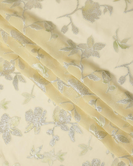 Pastel Yellow Floral Silk Chiffon Fabric with Metallic Lurex, 140 Cms, South Korea-D25482