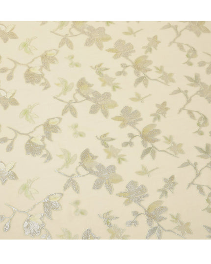 Pastel Yellow Floral Silk Chiffon Fabric with Metallic Lurex, 140 Cms, South Korea-D25482