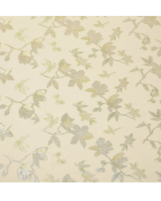 Pastel Yellow Floral Silk Chiffon Fabric with Metallic Lurex, 140 Cms, South Korea-D25482