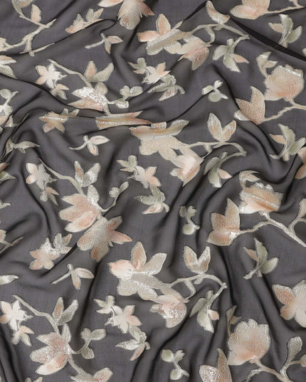 Black Floral Silk Chiffon Fabric with Metallic Lurex, 140 Cms, South Korea-D25480