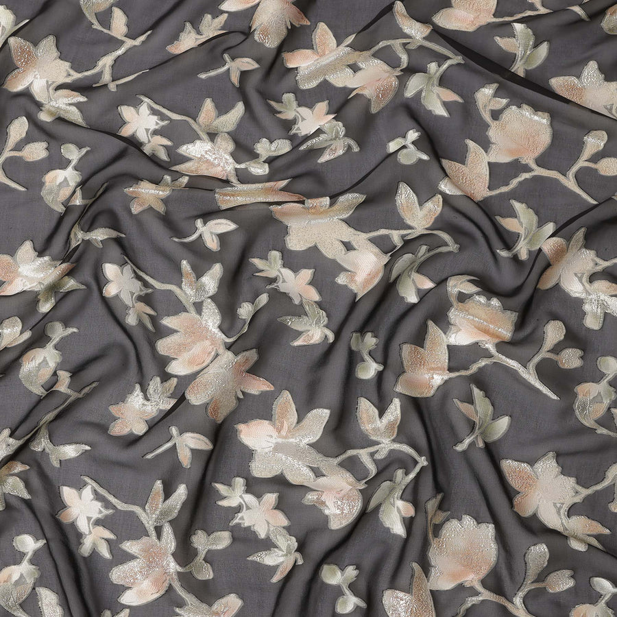 Black Floral Silk Chiffon Fabric with Metallic Lurex, 140 Cms, South Korea-D25480