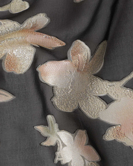 Black Floral Silk Chiffon Fabric with Metallic Lurex, 140 Cms, South Korea-D25480