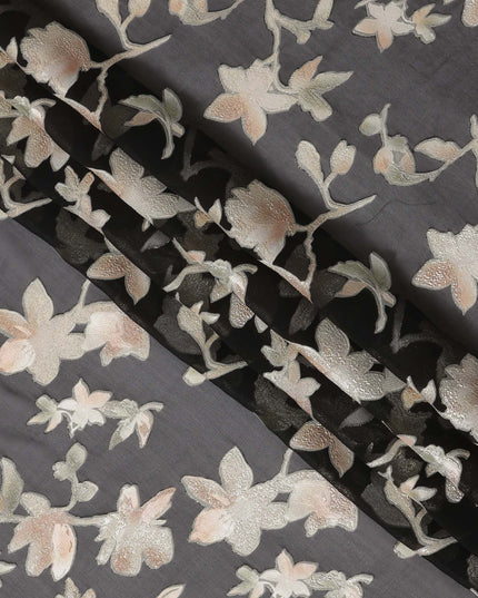 Black Floral Silk Chiffon Fabric with Metallic Lurex, 140 Cms, South Korea-D25480