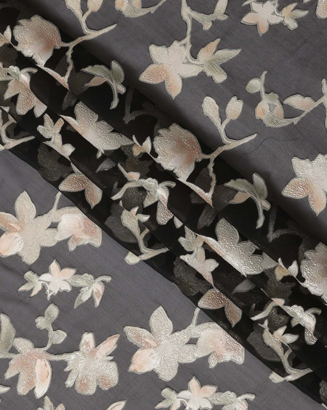 Black Floral Silk Chiffon Fabric with Metallic Lurex, 140 Cms, South Korea-D25480