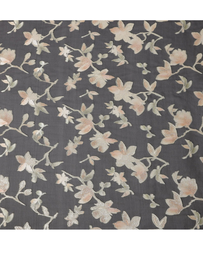 Black Floral Silk Chiffon Fabric with Metallic Lurex, 140 Cms, South Korea-D25480